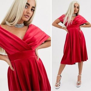 NWT ASOS red velvet fallen shoulder midi dress sz 4